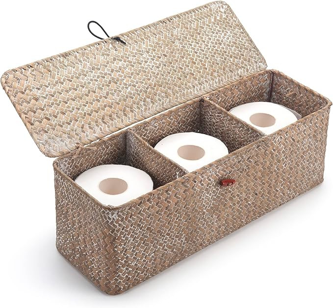 Whitewash Seagrass Tank Basket with Lid Woven Toilet Roll Storage Basket with Sections Rectangula... | Amazon (US)