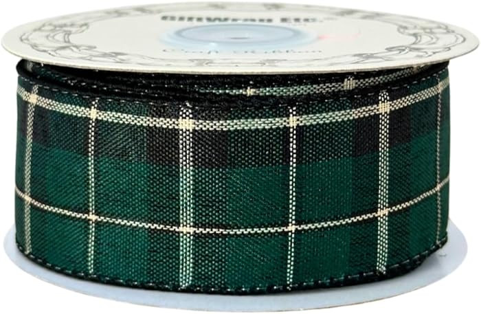 Holiday Wired Christmas Tartan Ribbon - 1 1/2" x 10 Yards, Black and Green Plaid, Wreath, Gift Wr... | Amazon (US)