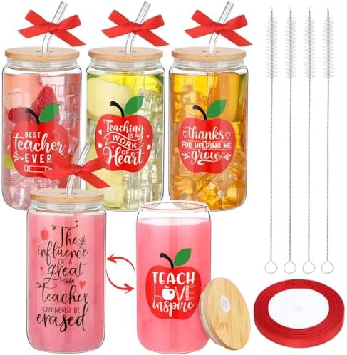 4 Set Teacher Appreciation Gifts Christmas 16 oz Thank You Cups for Women Glass Coffee Cups Bulk ... | Amazon (US)