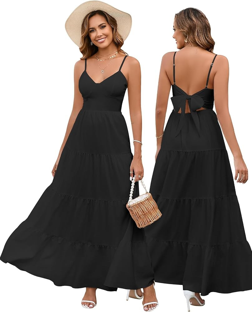 HTZMO Women Casual Summer Floral Maxi Sundress V Neck Spaghetti Strap Bow Tie Backless Flowy Boho... | Amazon (US)