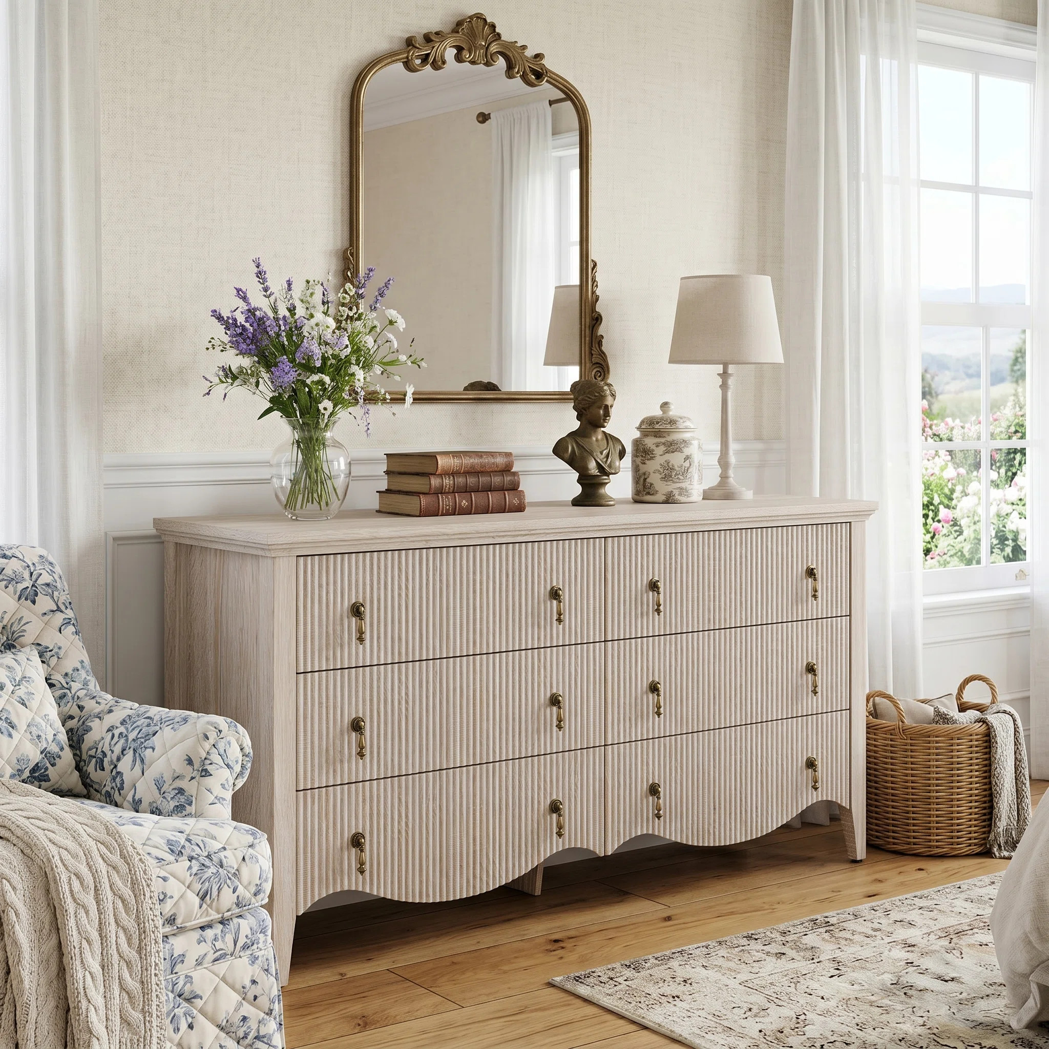 Avenall 6-drawer Double Dresser With Fluted Design, Vintage Wide Chest Of Drawers With Scalloped ... | Wayfair North America