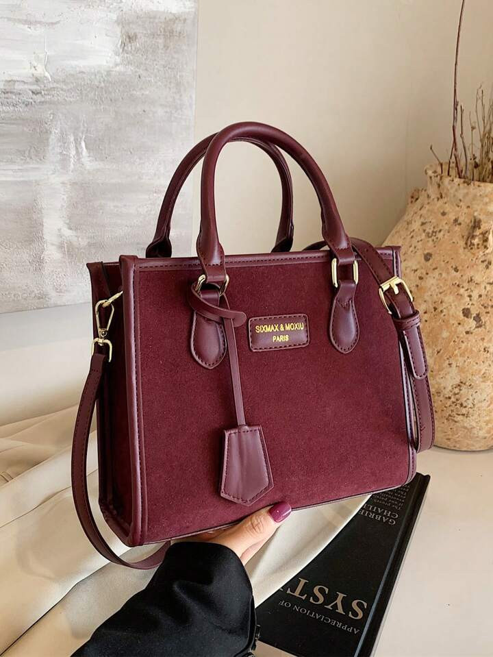 BELLEBORG New Suede Velour Matte Burgundy Women Business Handbag With Shoulder Strap | SHEIN