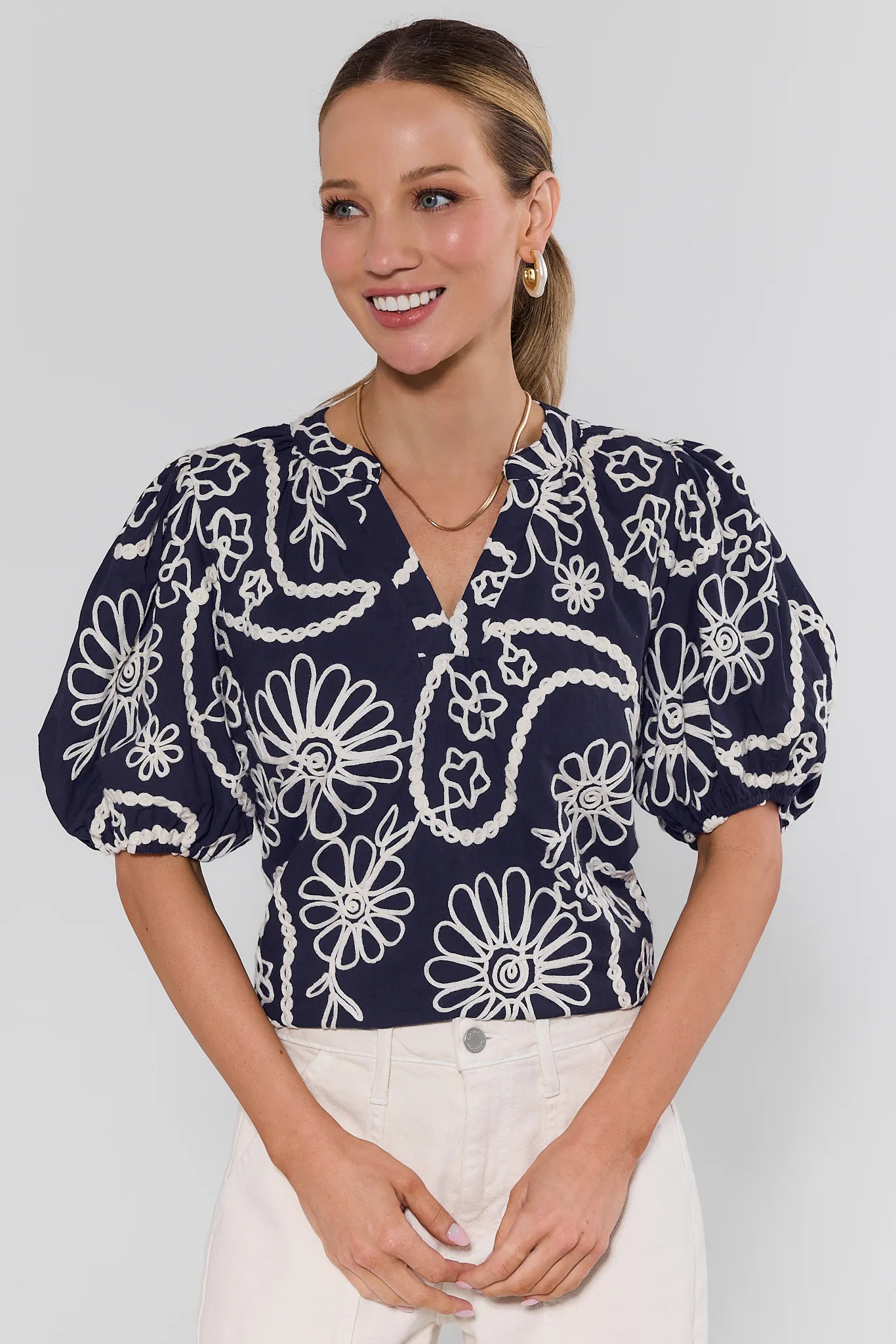 Navy Floral Embroidered Top | Avara