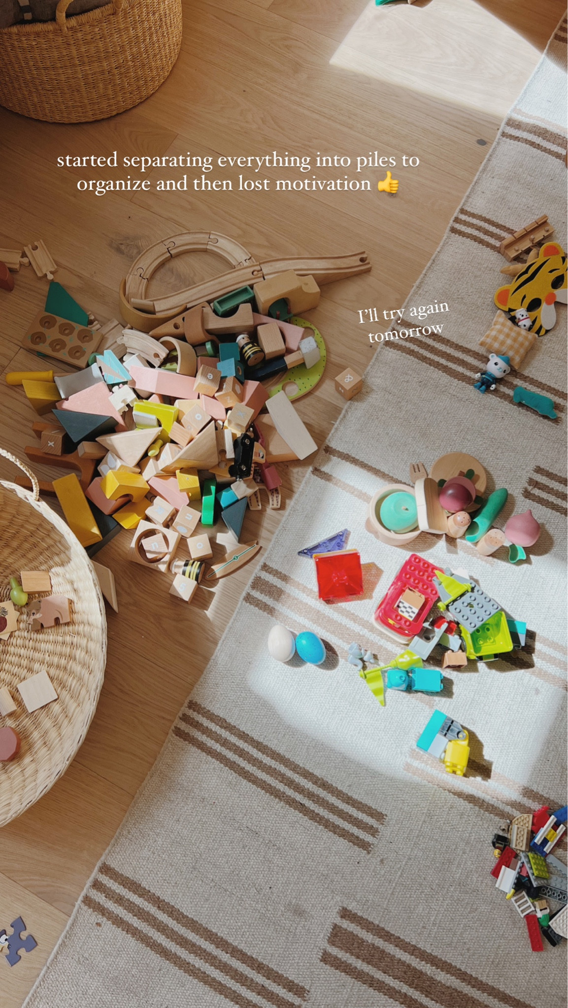 Started organizing all of the toys today, but lost motivation. 🙃 kids wooden toys - organized playroom - toddler toys - floor baskets - toy storage 

#LTKhome #LTKkids #LTKbaby