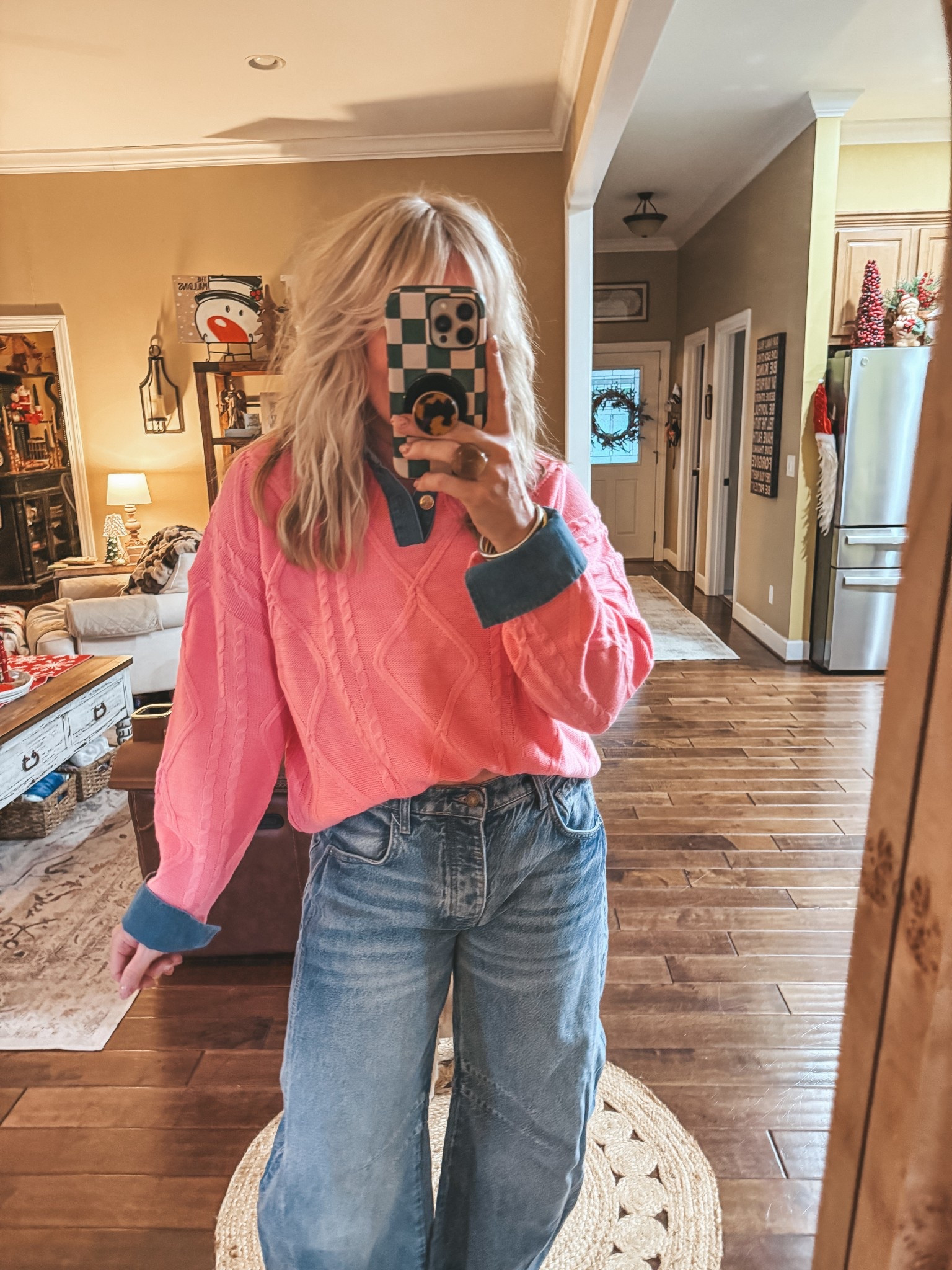 The cutest pink/denim sweater polo style 
I’m in a medium in sweater and I sized down one in jeans 


#LTKOver40 #LTKootd #LTKFindsUnder100