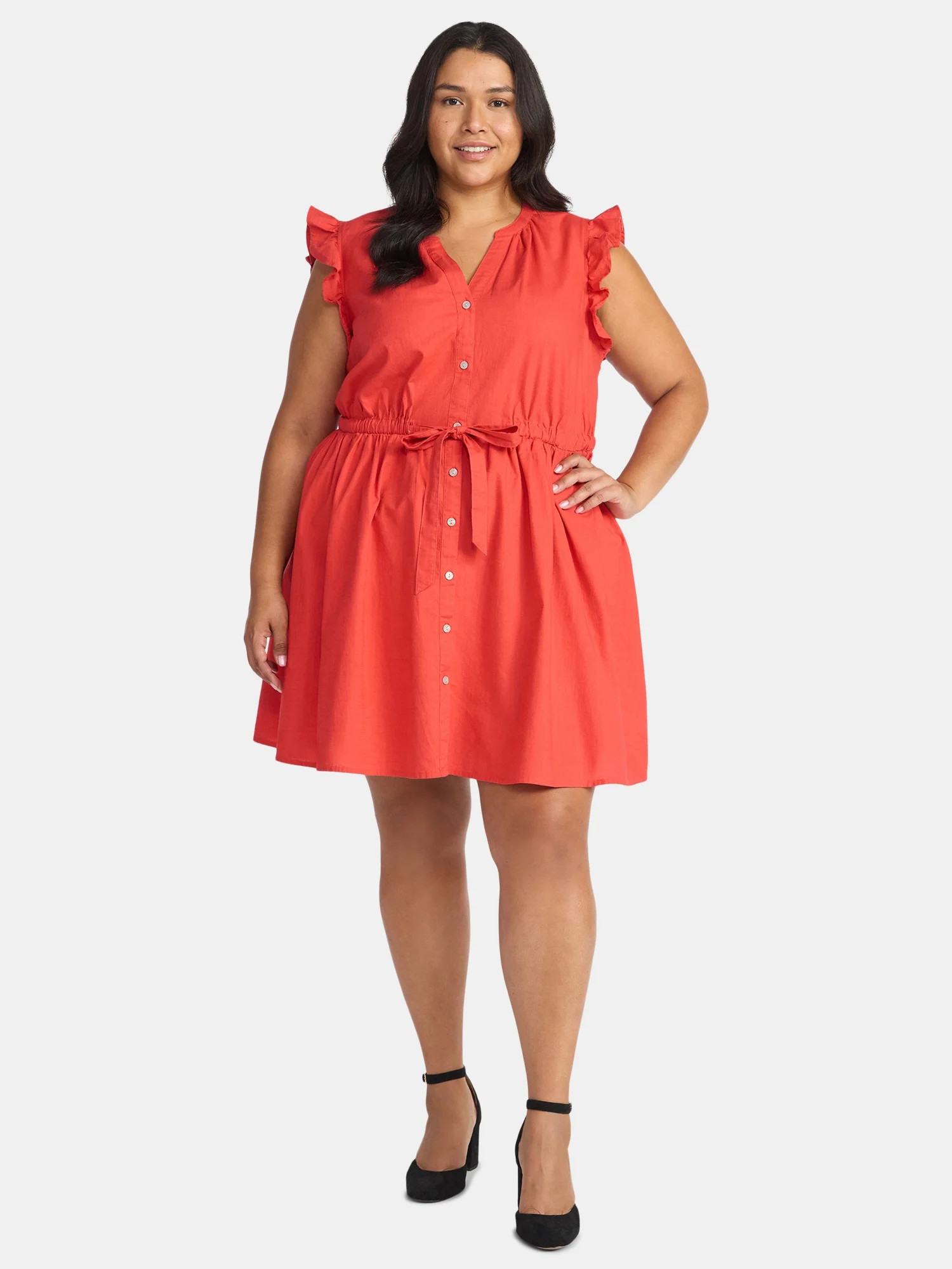 Time and Tru Women's and Women's Plus Button Front Cotton Mini Dress with Flutter Sleeves, Sizes ... | Walmart (US)