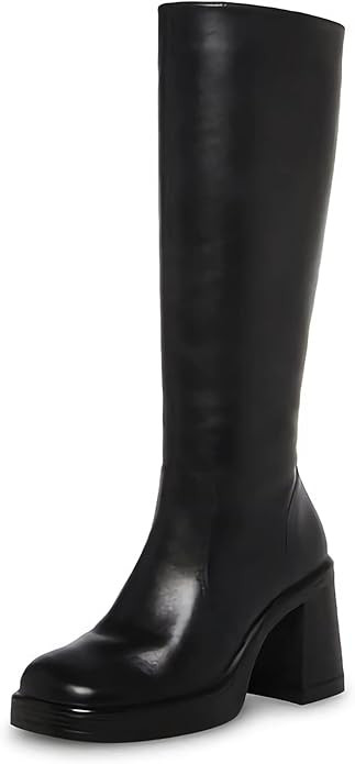 SOVANYOU Black Leather Boots Platform Boots for Women Square Toe Chunky Block Heeled Boots | Amazon (US)