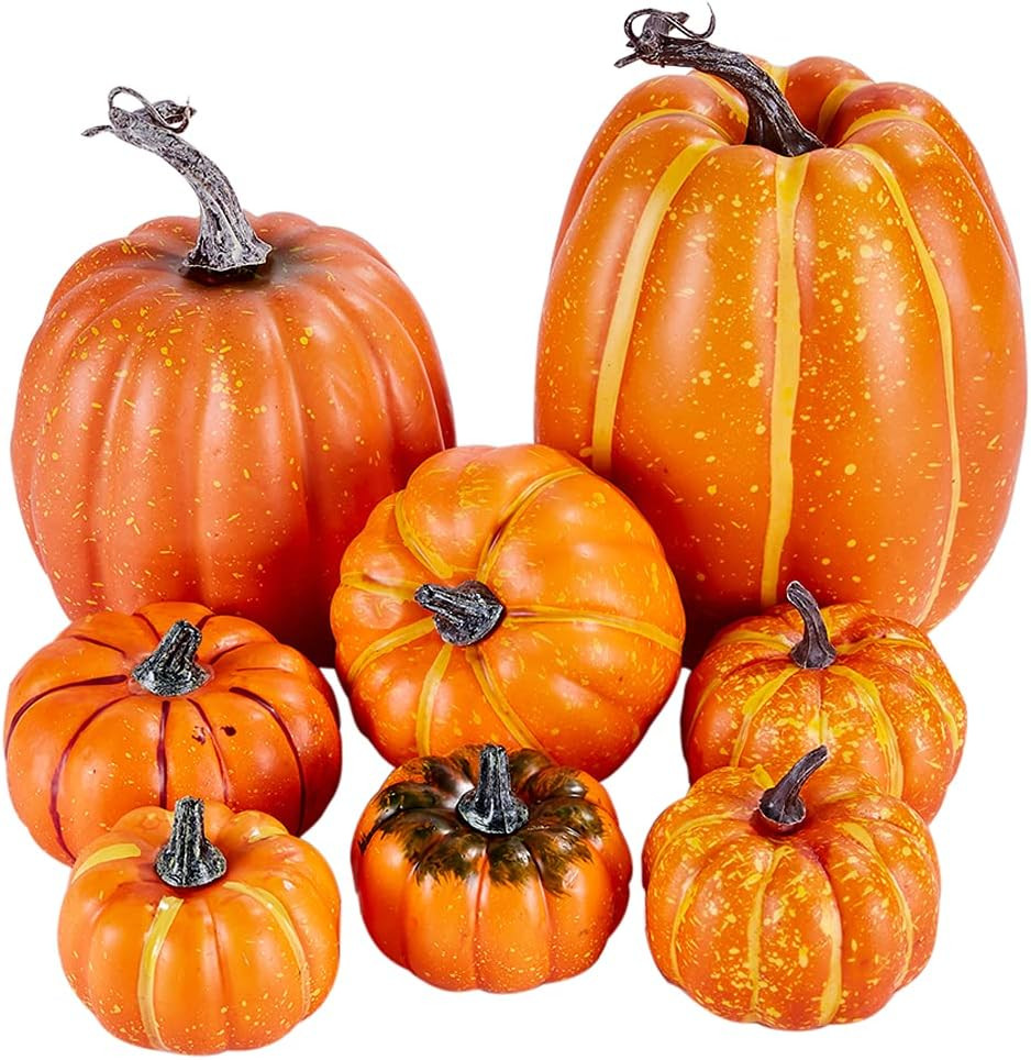 Artmag 8 Pcs Assorted Sizes Harvest Orange Artificial Pumpkins for Fall Halloween Thanksgiving Decorating Embellishing and Displaying | Amazon (US)