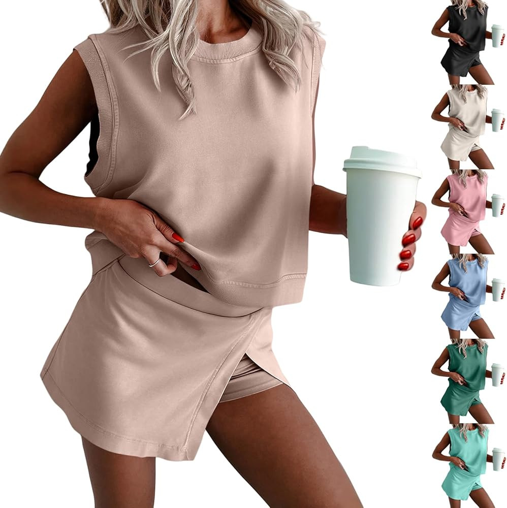 Summer Outfits for Women 2 Piece Tennis Skirt Set Sleeveless Crop Tank Tops & Split Athletic Skor... | Amazon (US)