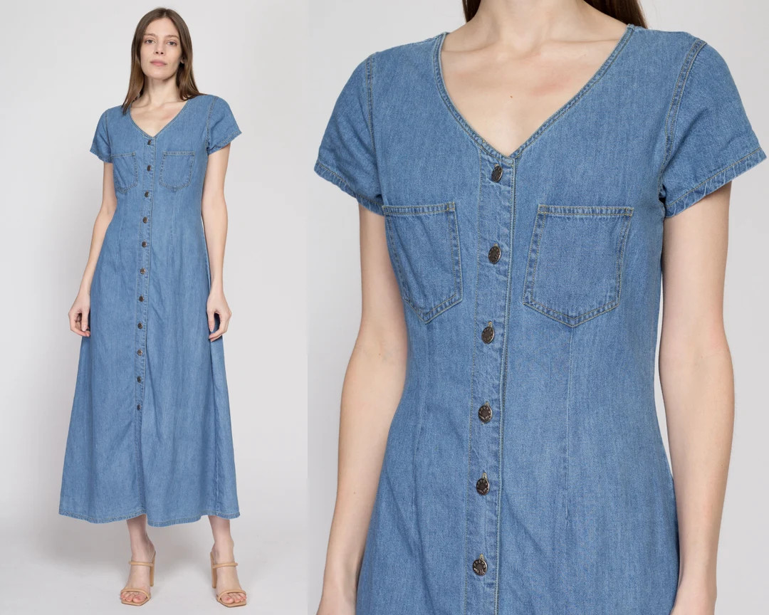 Small 90s Chambray Button Front Maxi Dress Vintage A Line Short Sleeve Blue Jean Denim Grunge Dre... | Etsy (US)