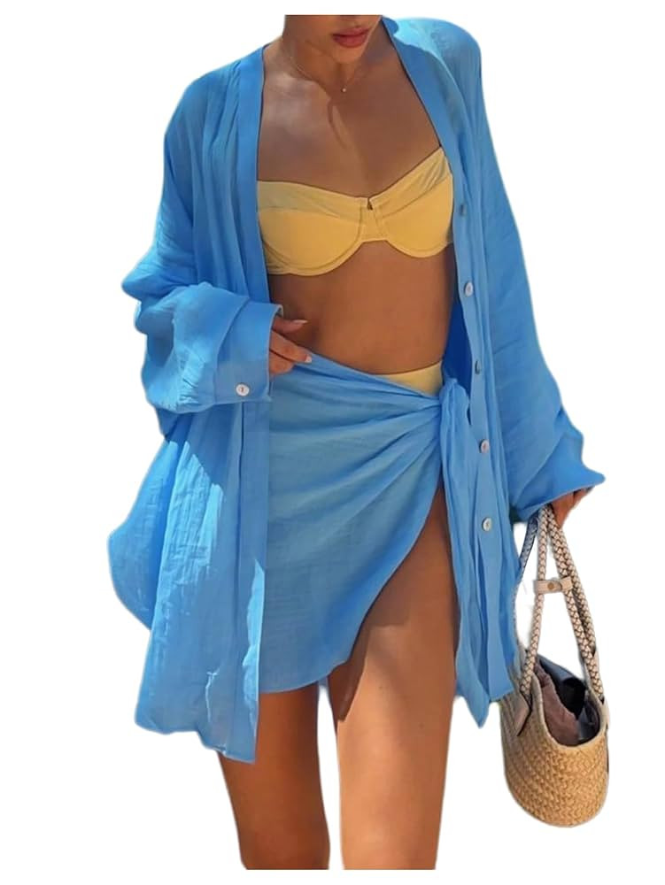 Verdusa Beach Vacation Clothes For Women 2 Piece Outfits Swimsuit Cover Ups Button Shirts and Wra... | Amazon (CA)
