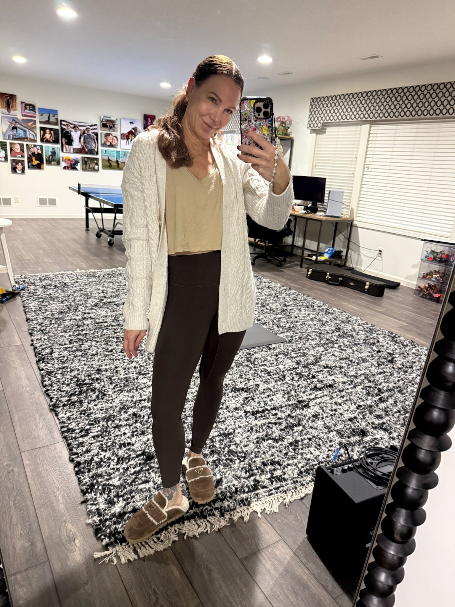 OOTD 
Lululemon high-rise leggings
Alo pink bra top
Vince’s cardigan 
T-shirt is old… Linking similar boxy V-neck crop tops
Prada slipper shoes

#LTKStyleTip #LTKOver40 #LTKSeasonal