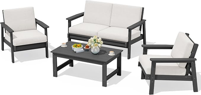 SERWALL HDPE Outdoor Furniture Set 4, All Weather Wood-Like Outdoor Sofa Sectional Couch, Grey Pa... | Amazon (US)