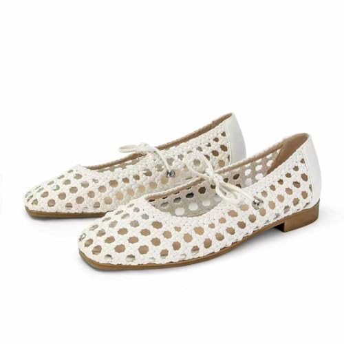 SOVANYOU Woven Mesh Ballet Flats for Women White Bow Tie Strap Cute Flat Ballerina Shoes Square Toe Comfortable Flats Wide Mary Jane Shoes Dressy | Amazon (US)