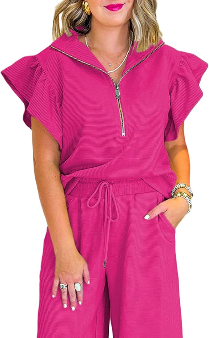 SELINK Two Piece Sets for Women Summer Outfits Ruffle Cap Sleeve Zip Top Wide Leg Pants Lounge Se... | Amazon (US)