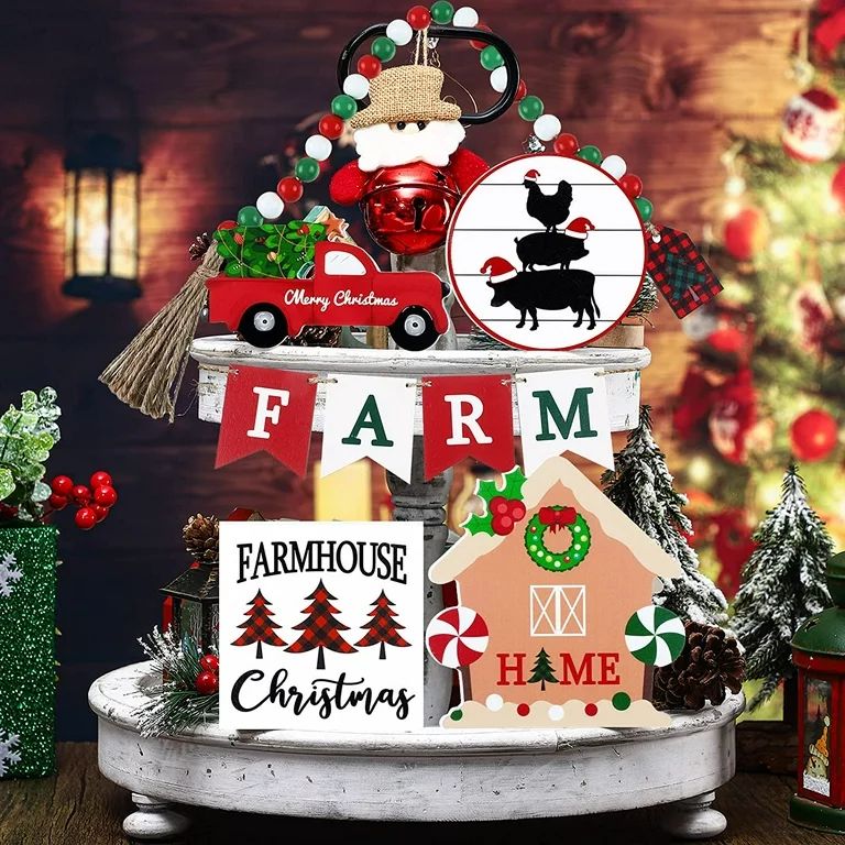 Husfou Christmas Tiered Tray Decorations Kit, Farmhouse Wooden Tabletop Centerpieces Signs Decor ... | Walmart (US)
