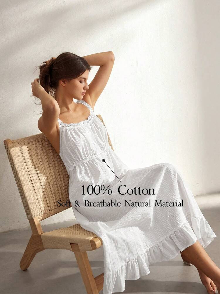 Ocili Women's Solid Color Contrast Lace Single-Breasted Nightgown | SHEIN