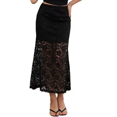 INSPIRE CHIC Women's Lace Elastic High Waisted Flowy Summer Casual Sheath Maxi Skirts X-Small Black | Target
