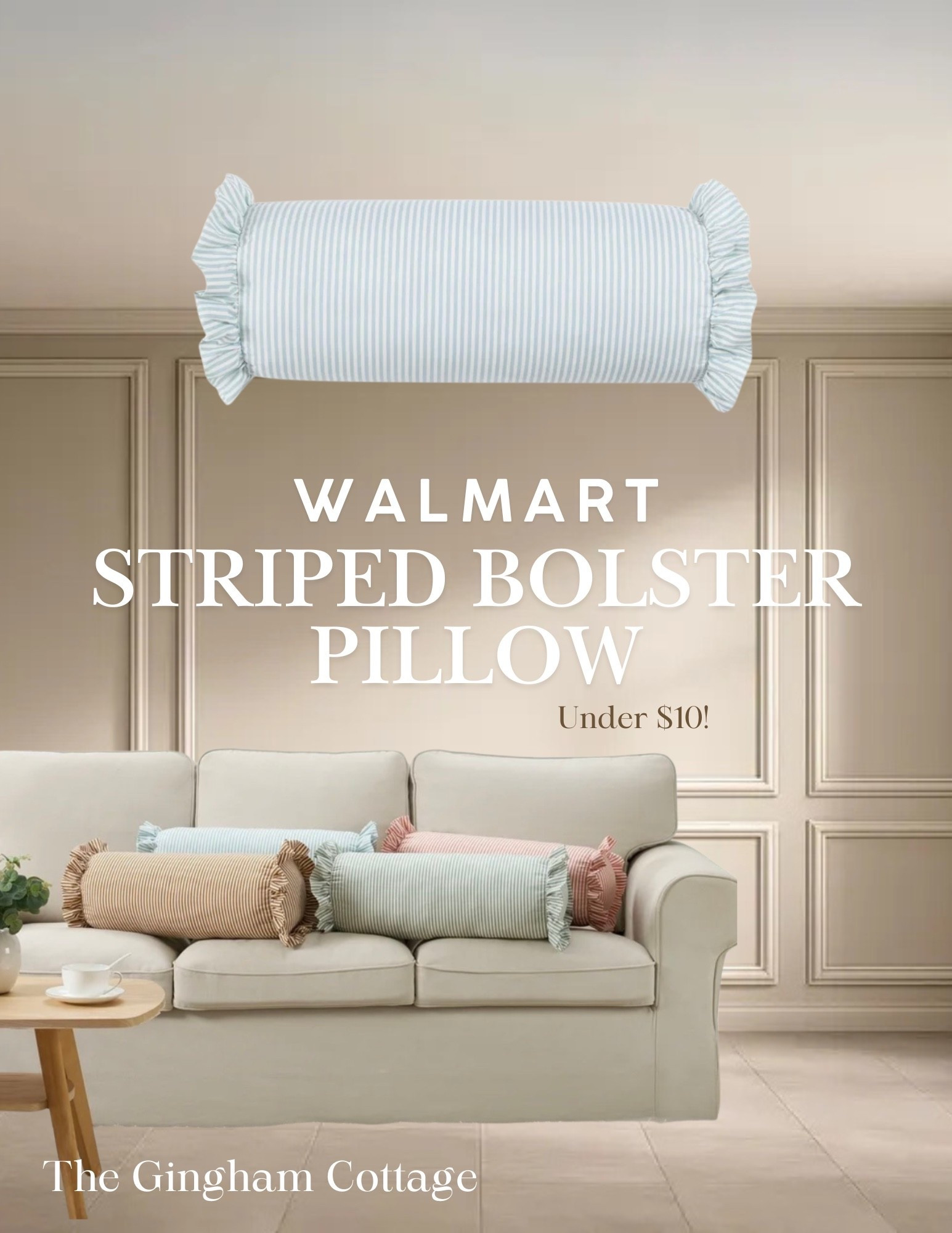 An adorable striped bolster pillow with the sweetest ruffle detail — it’s the perfect finishing touch for a bed, chair, or cozy corner. And the best part? It’s from Walmart for under $10 🙌