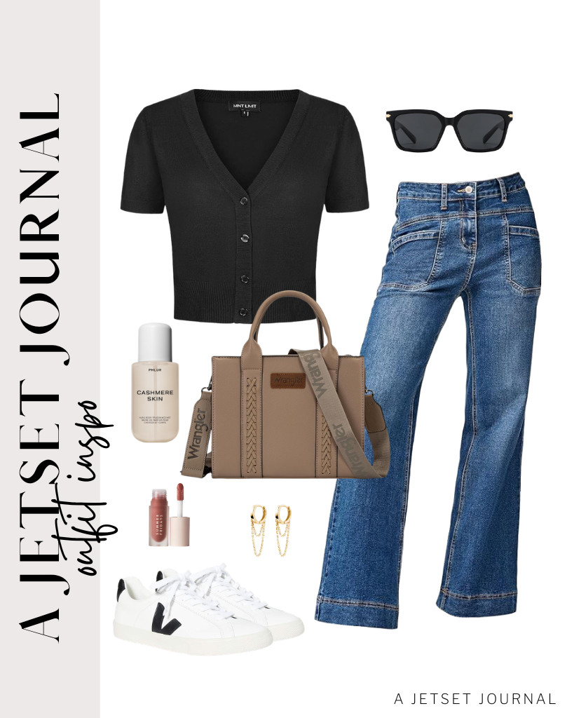 For coffee runs, consider this stylish outfit pairing wide-leg jeans with a black ¾ sleeve button-down sweater. Veja sneakers and a Wrangler tote bag perfectly complement this look. Pop in these drop dangle hoop earrings to finish the look.


#LTKSeasonal #LTKSaleAlert #LTKTravel 

 