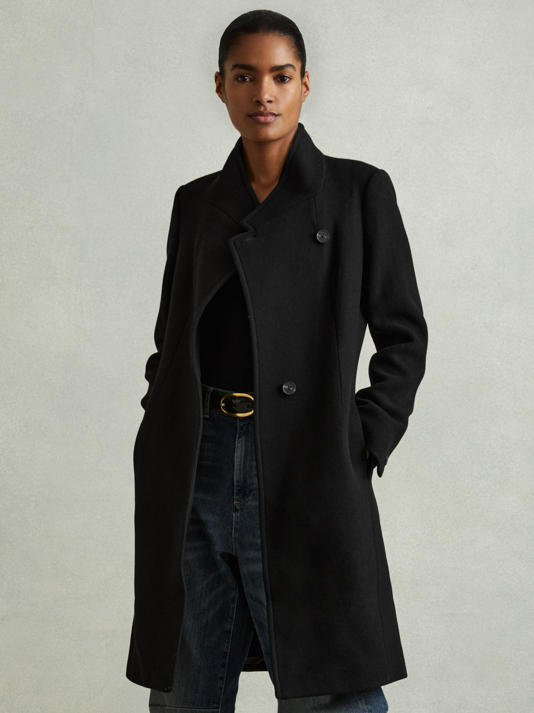 Wool-Blend Longline Double-Breasted Coat in Black | Reiss DE