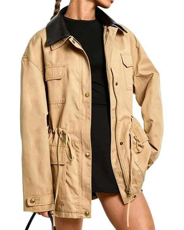 VAOYIU Faux Leather Collar Utility Jacket Button Zip Up Coat with Multiple Pockets Trendy Drawstr... | Amazon (US)