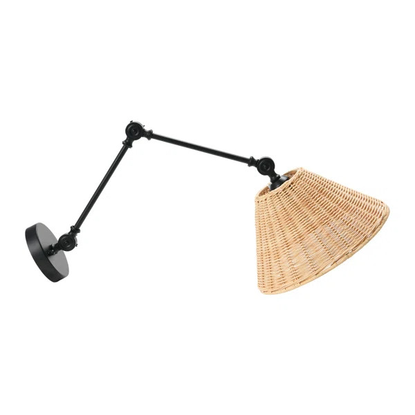 Emmaline Coastal Adjustable Wall Sconce With Neutral Beige Rattan Shades, Black Metal Finish | Wayfair North America