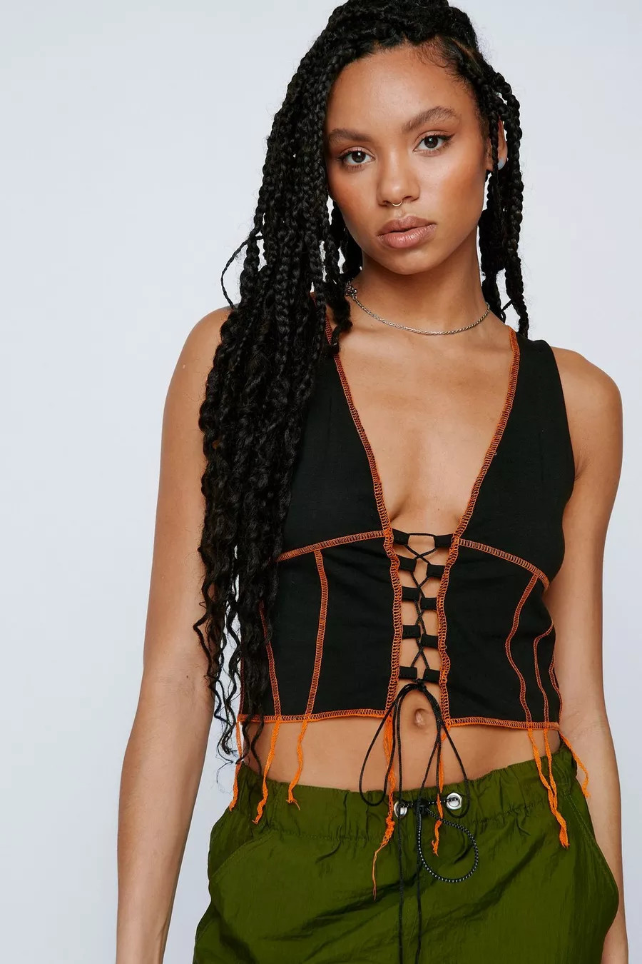 Contrast Stitch Detail Lace Up Tank Top | Nasty Gal (US)