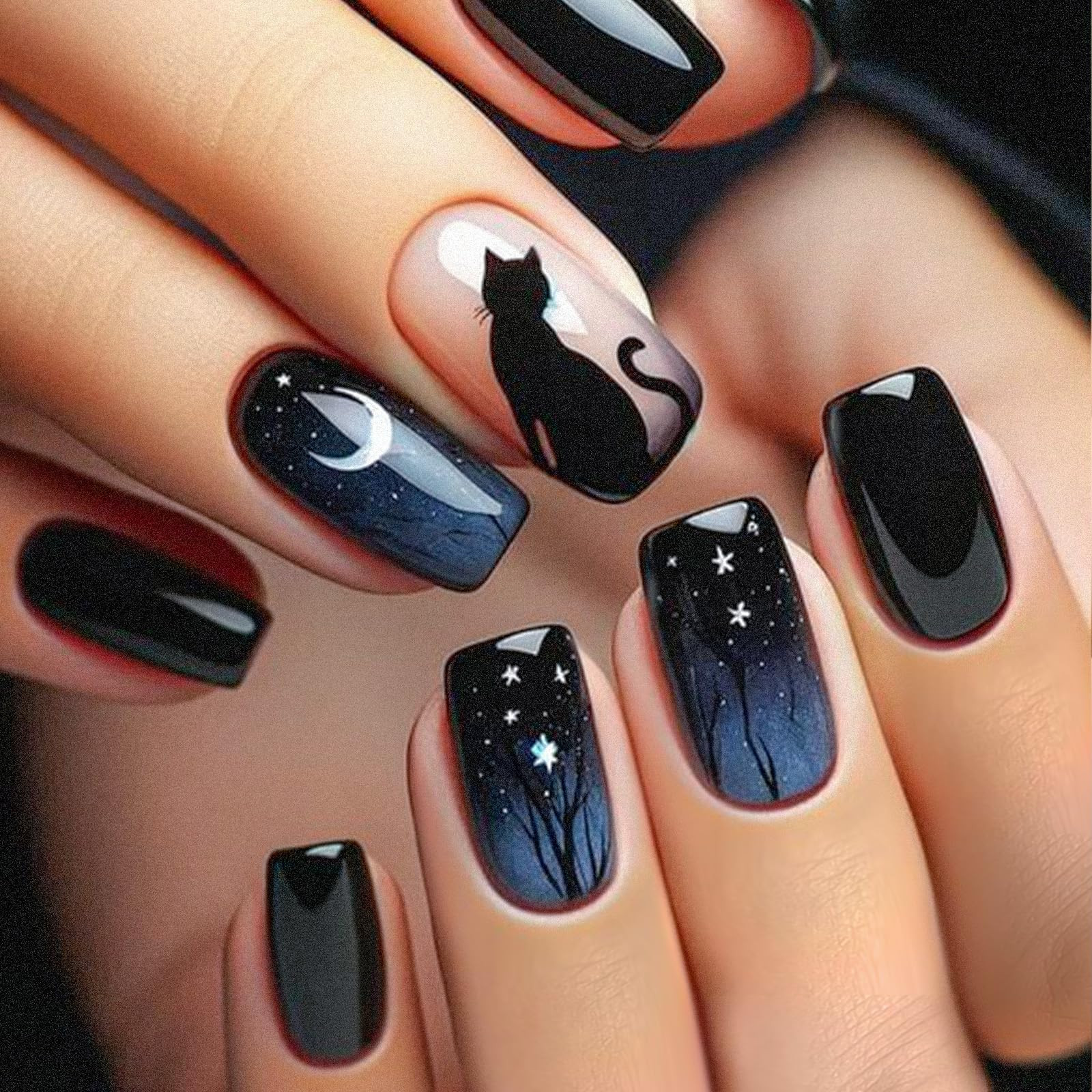 Halloween Press on Nails Square Fake Nails Acrylic Nails Kit with Black Cat Pattern Design Full C... | Amazon (US)