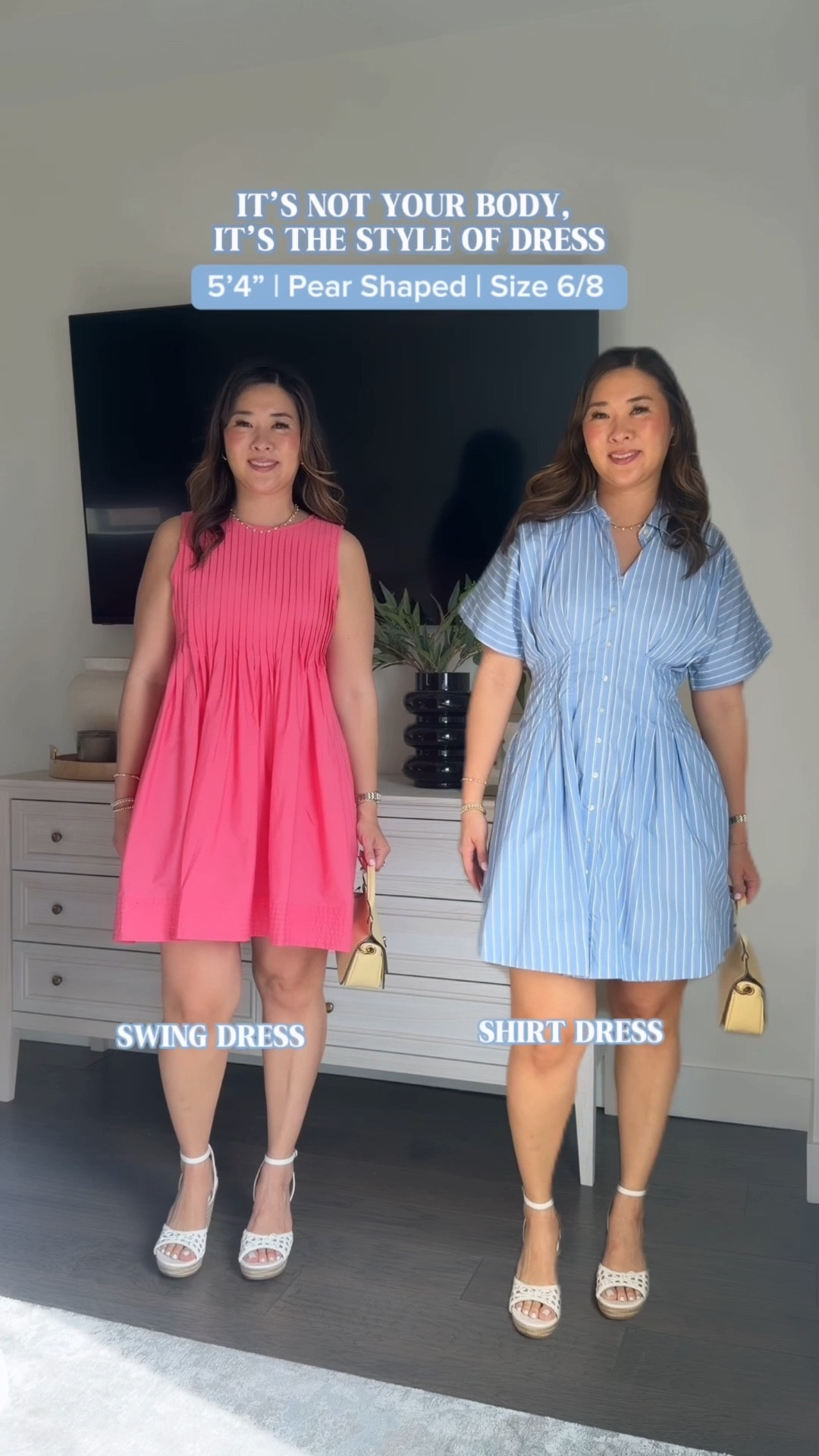 Friendly reminder: sometimes it’s not your body… it’s the dress shape.

Same body, same shoes, same bag — just two different dress styles.

The swing dress on the left hangs straight and kind of hides my shape.
The shirt dress on the right gives waist definition and instantly looks more balanced on my curves.

It’s wild how much the cut of a dress can change the whole vibe.

Wearing both Walmart dresses in size Small!