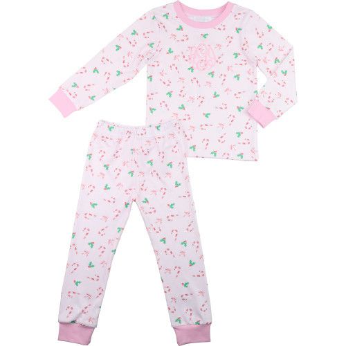 Pink Candy Cane And Holly Knit Pajamas - Shipping Early December | Cecil and Lou