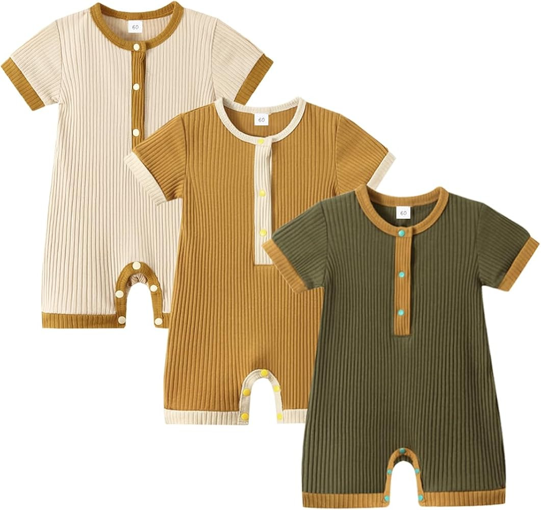 Bafeicao Baby Boy Girl 2/3 Pack Solid Romper Ribbed Short/Long Sleeve Bodysuit Jumpsuit Infant Kn... | Amazon (US)