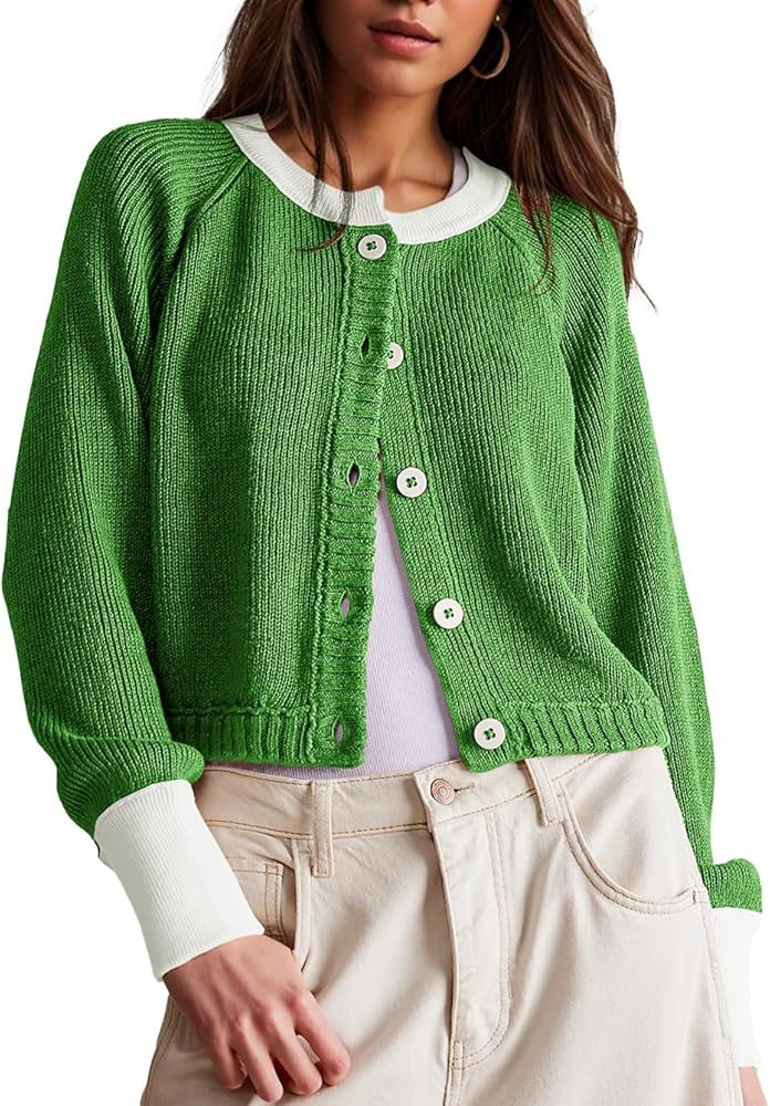 Women's Cropped Cardigan Sweaters Fall Long Sleeve Open Front Cardigans Button Down Color Block C... | Amazon (US)