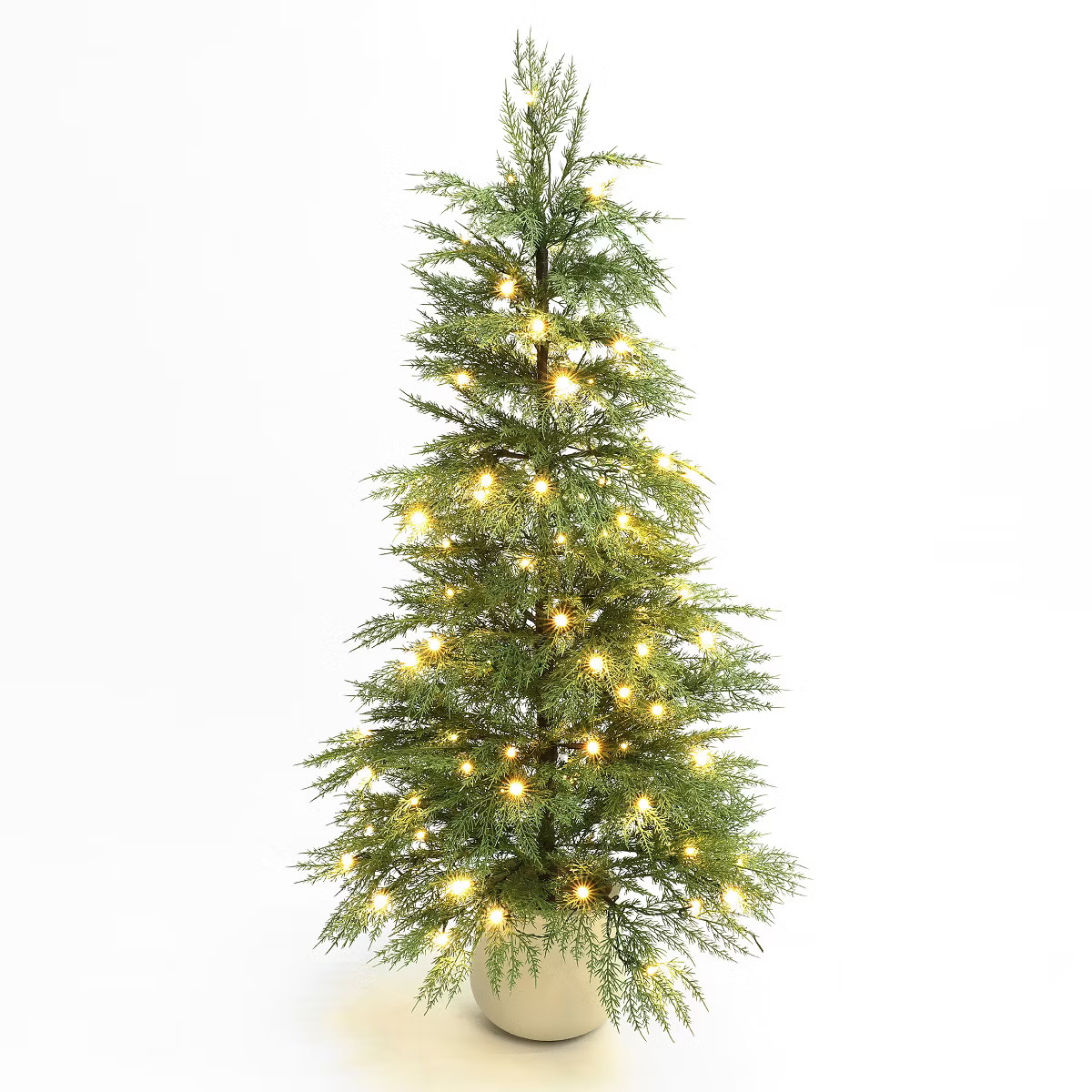 LuxenHome 4.5-Ft Pre-Lit Artificial Christmas Tree, 100 LED Lights, PE Tips, White Pot Base Green | Target