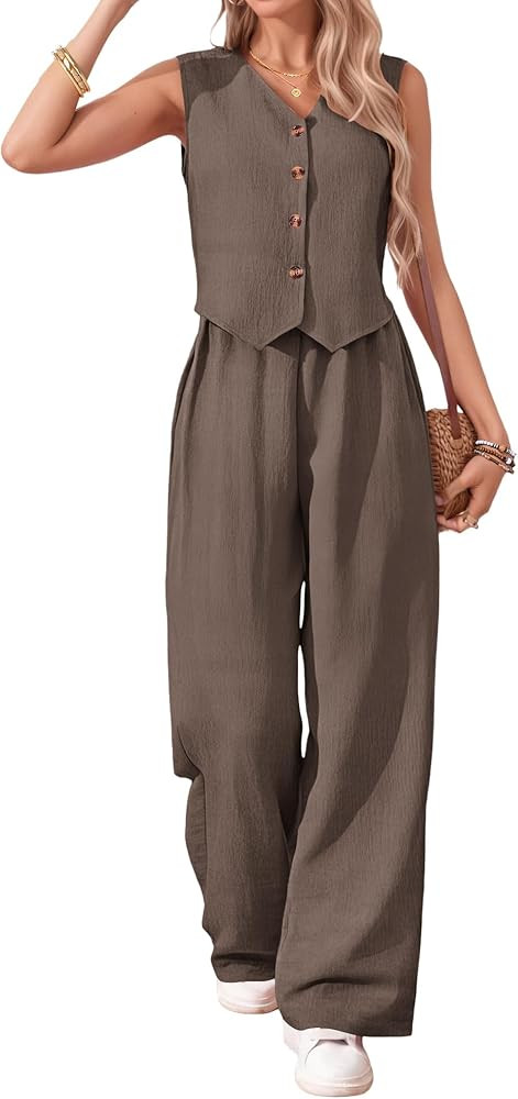 MOLERANI Womens 2 Piece Sets Summer Casual Linen Button V Neck Vest Blazer Wide Leg Pants Suits V... | Amazon (US)