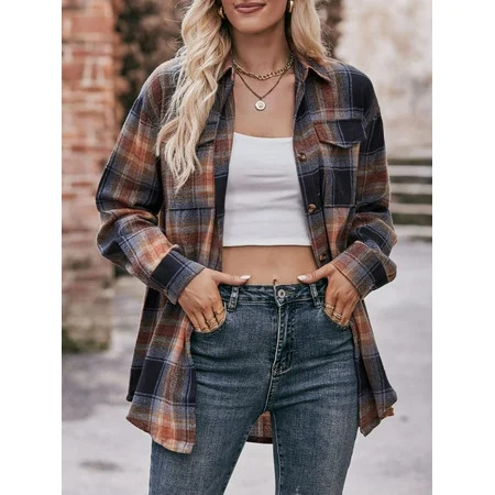 Cuteduck Shirts for Women Plaid Jackets Long Sleeve Shackets Womens Button Down Blouse S-XXL | Walmart (US)