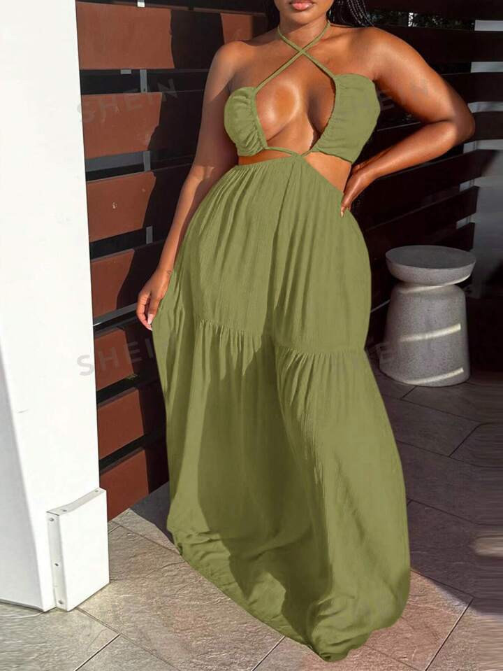 SHEIN Slayr Holiday Halter Neck Waist Hollow Design Super Long Dress | SHEIN
