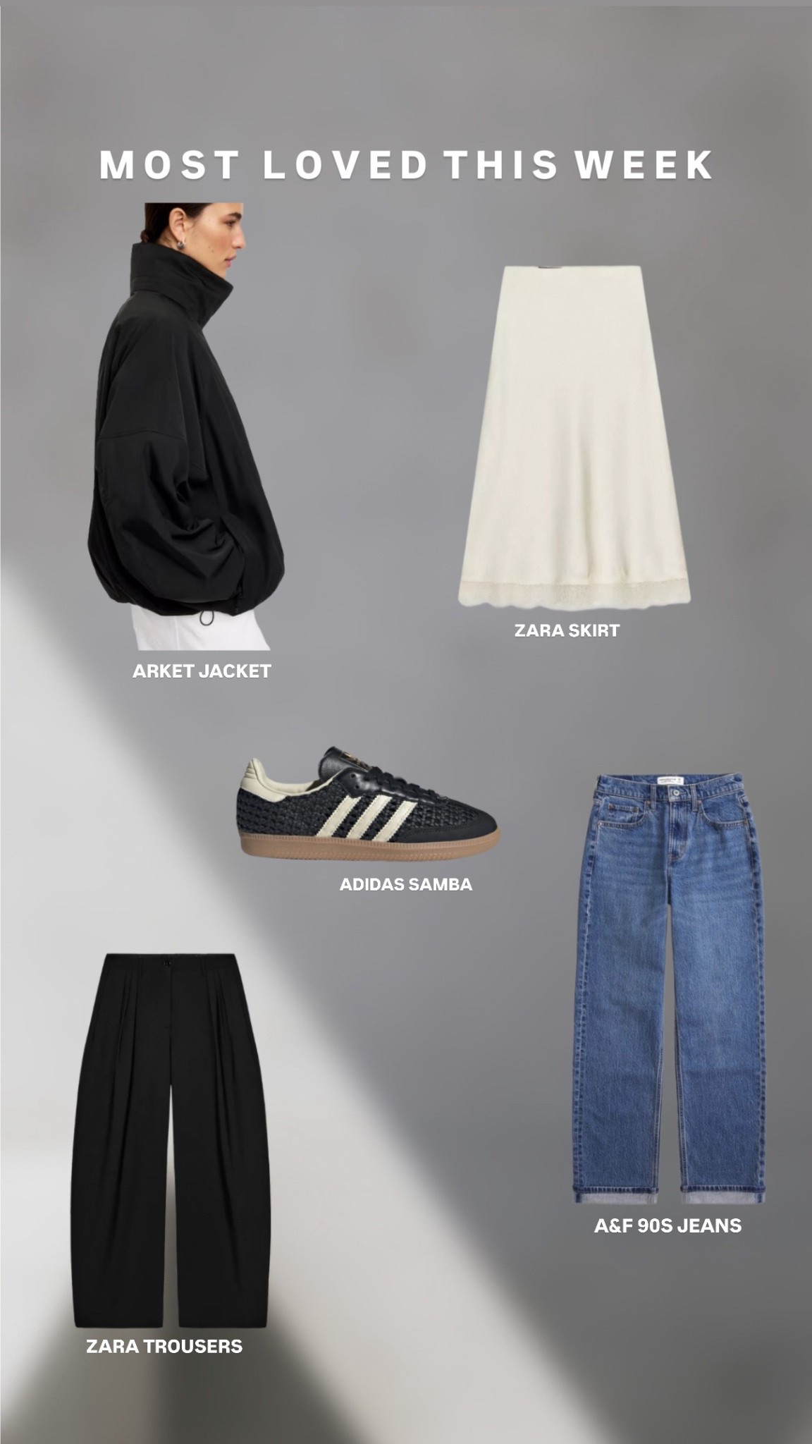 This weeks top 5:

Arket windbreaker nylon jacket

Zara lace trim satin slip skirt

Adidas samba black woven mesh trainers 

Abercrombie 90s straight leg jeans

Zara barrel leg wide leg trousers 

#zara #top5 

#LTKspring #LTKjeans #LTKuk