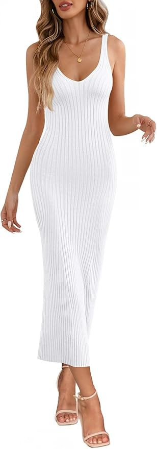 MEROKEETY Womens 2025 Summer Spring V Neck Knit Midi Dress Bodycon Casual Sleeveless Ribbed Sweat... | Amazon (US)