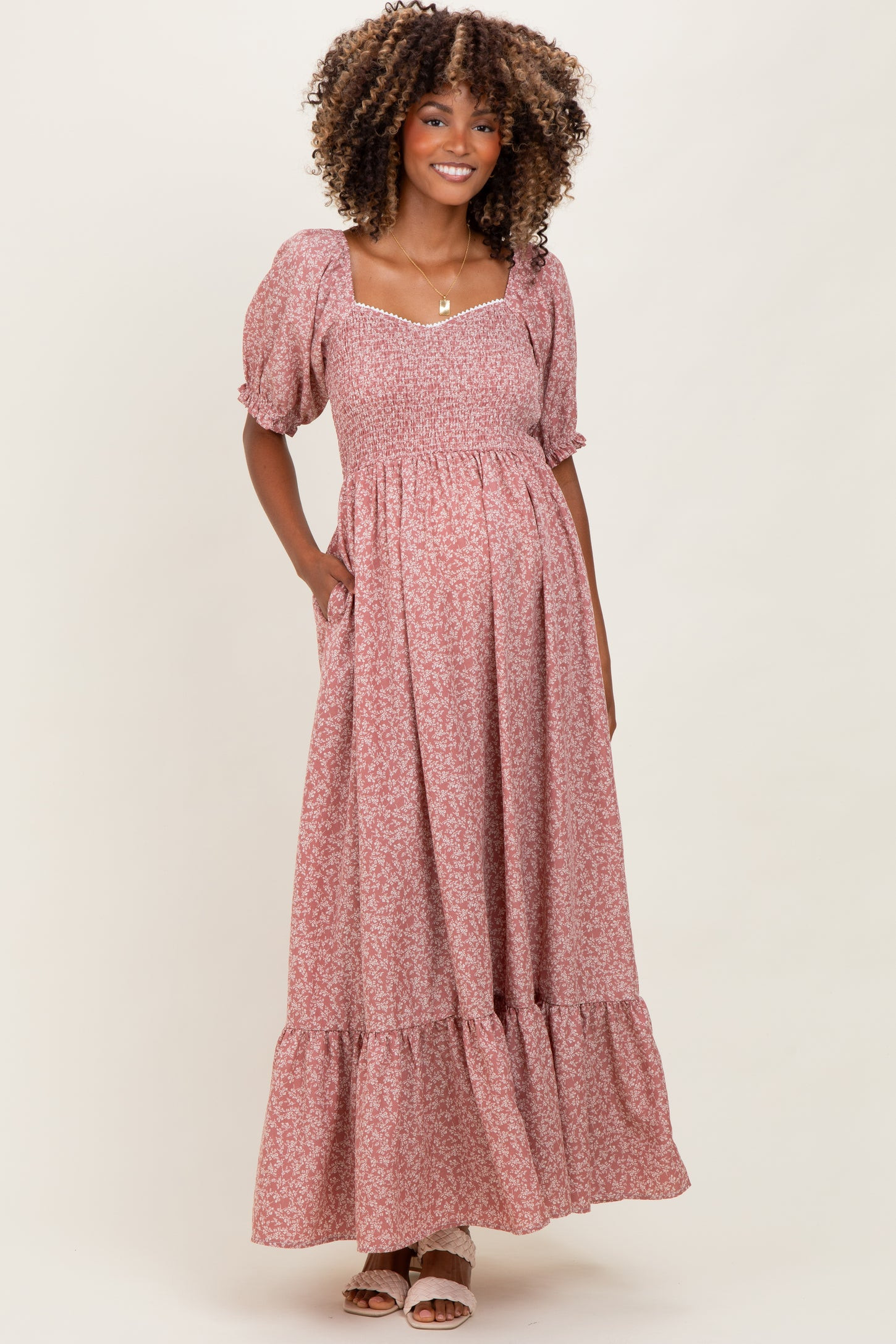 Mauve Floral Lace Trim Smocked Maternity Maxi Dress | PinkBlush Maternity
