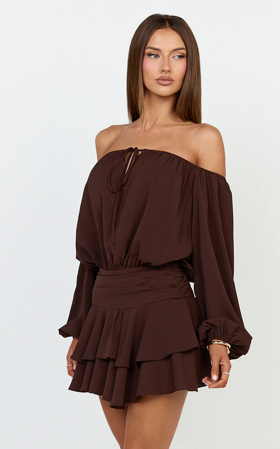 Off Shoulder Ruffle Skirt Dress in Chocolate | Showpo (ANZ)