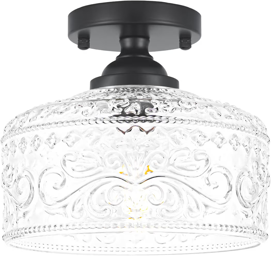 Small Vintage Matte Black Semi Flush Mount Ceiling Light Fixture Retro Design | Amazon (US)