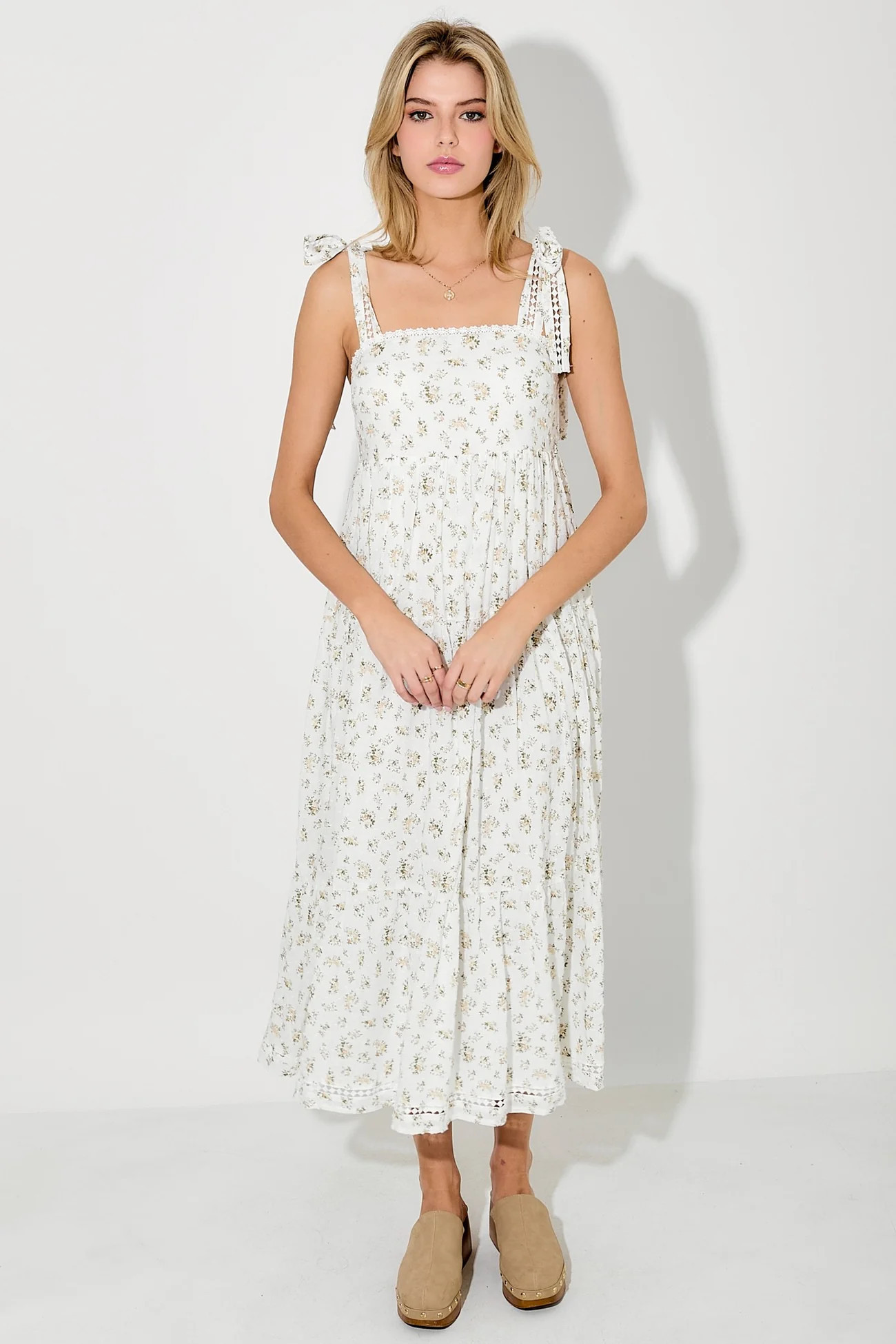 Light Pink Floral Shoulder Tie Midi Dress | PinkBlush Maternity