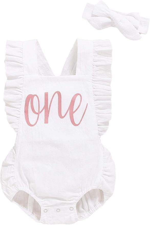 Shalofer Baby Girl First Birthday Outfit 1st Birthday Bodysuit with Headband | Amazon (US)