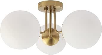 Brass 3 Lights Semi Flush Mount Ceiling Light Fixture, Frosted Glass Shade Vintage Close to Ceili... | Amazon (US)