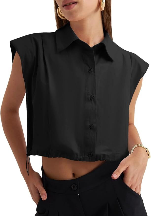 Tankaneo Womens Sleeveless Button Down Shirts Casual Loose V Neck Pad Shoulder Crop Tank Top | Amazon (US)
