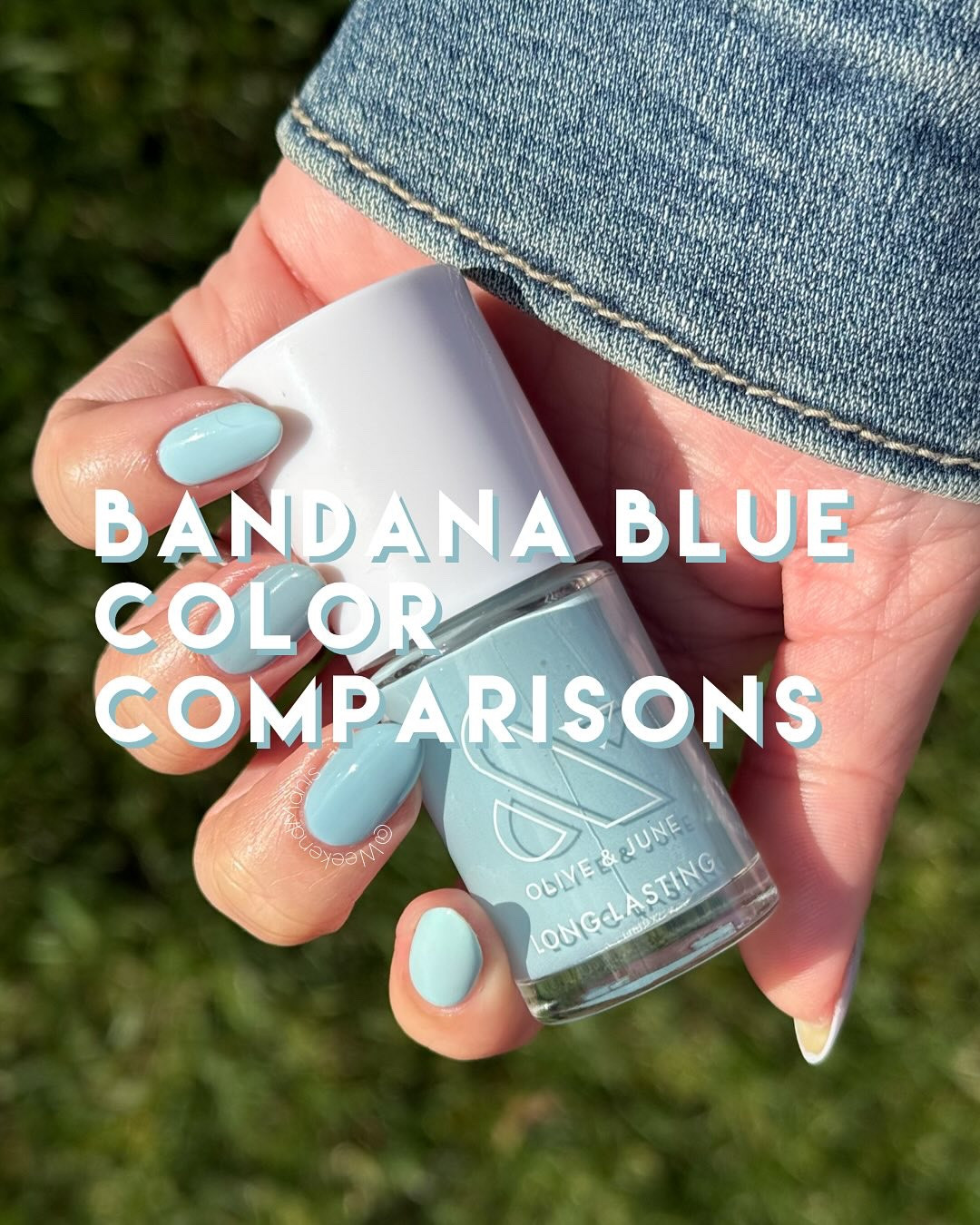 Bandana Blue (Gifted)

This dusty sky blue from the new @oliveandjune Spring collection is up next for color comparisons!🌤️ 

This greyish blue midtone shade is most close to Vintage from the Quick Dry line. However, other than Vintage, I struggled to find the perfect blues and greys to round out the comps. It seems there are a lot of blues from the O&J lineup to choose from, but this color is unique enough that it is not fully blue, not fully grey, just somewhere in between. 💙🩶 If I had to categorize Bandana Blue vs. Vintage, I would say BB is more on the lighter/mid tone blue spectrum, versus Vintage which is more dusty blue-grey. Self Portrait, on the other hand, falls more on the grey first, then blue scale.

Are you into these midtone blue-grey colors? 💅 

Olive & June colors used:
Pinky: Honest & True (Long-Lasting)
Ring: Vintage (Quick Dry)
Middle: Bandana Blue (NEW Long-Lasting)
Index: Berry Basket (Long-Lasting)
Thumb: Self Portrait (Long-Lasting)

Use CARINA20 for 20% off first Olive and June Systems. Link in bio ♥️ I am so grateful whenever you shop through my link, it allows me to continue to do these type of posts for you! 🙏

#ojnails #perfectnails #diymanicure #💅byPoppy #olivemymani #WeekendManis #quickdry #springnails #naturalnails #cuticlecare 
#oliveandjune #oliveandjunepartner #oliveyourmani #theinstantmani #pressonnails #ojnails #perfectnails #diymanicure #💅byPoppy #olivemymani #WeekendManis #quickdry #springnails #naturalnails #cuticlecare #oliveandjunelinedancingboots #oliveandjunebandanablue #oliveandjunerideintothesunset #oliveandjunerodeoqueen #oliveandjuneglittercowgirl #oliveandjuneYourManiLooksSoGoodInThoseJeans #oliveandjunehonestandtrue #oliveandjunevintage #oliveandjuneberrybasket #oliveandjuneselfportrait