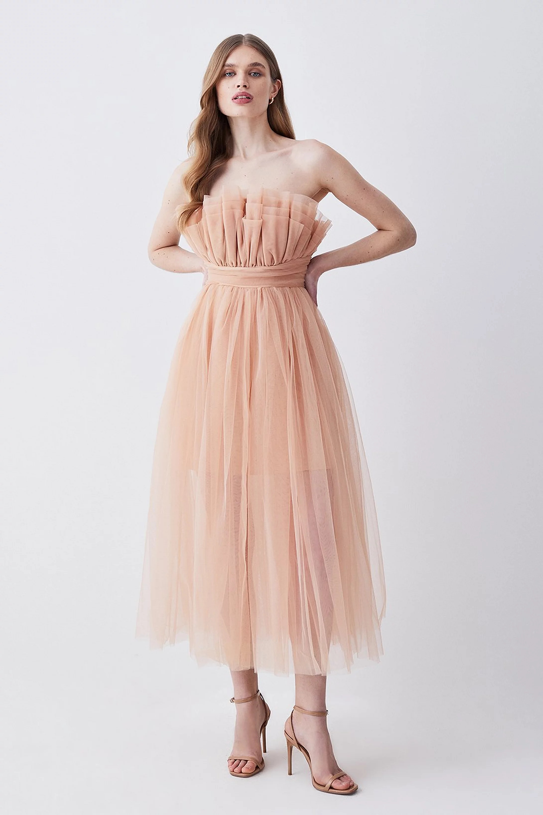 Corseted Tulle Woven Midi Dress | Karen Millen UK + IE + DE + NL