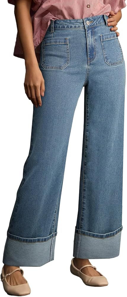 EVALESS Womens Jeans High Waisted Stretchy Cuffed Wide Leg Denim Pants with Pockets | Amazon (US)