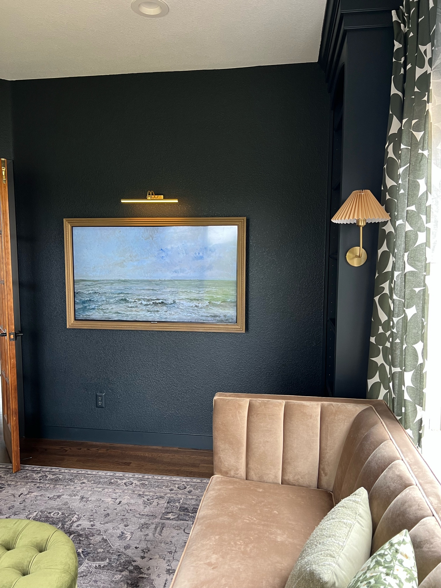 Home office. One room challenge. Frame TV. DIY frame TV. Amazon home. Amazon fines. Target home. Love seat. Office furniture. Office decor. Moody interiors. Picture light. Rechargeable light. Battery operated light. Wall decor. Wall art.

#LTKstyletip #LTKhome #LTKFind